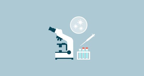 Medical research laboratory equipment: microscope, micropipette, vials and petri dish, animated icon