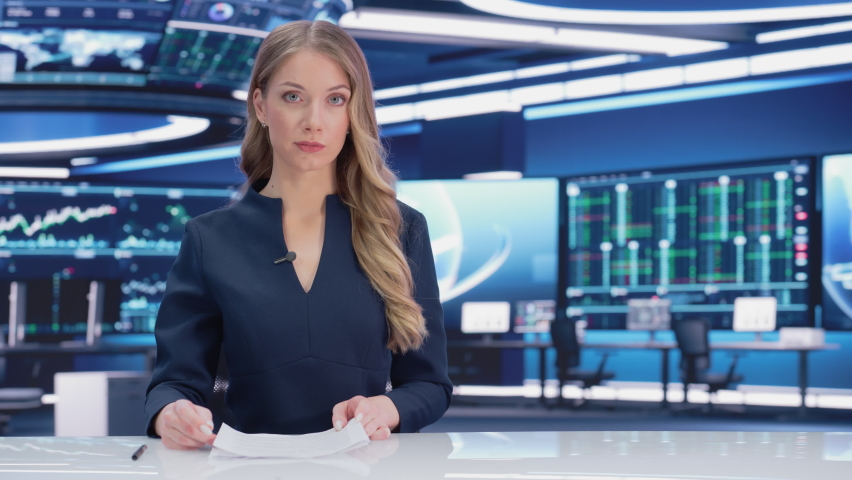TV Live News Program: Professional Female Presenter Reporting on Events. Television Cable Channel Anchorwoman Talks Confidently. Mock-up Network Broadcasting Playback in Newsroom Studio. Static Shot | Shutterstock HD Video #1088982261