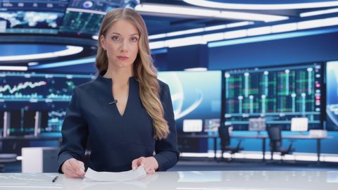 TV Live News Program: Professional Female Presenter Reporting on Events. Television Cable Channel Anchorwoman Talks Confidently. Mock-up Network Broadcasting Playback in Newsroom Studio. Static Shot