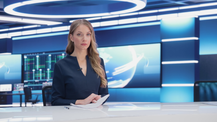 TV Live News Program with Professional Female Presenter Reporting. Television Cable Channel Anchorwoman Talks, Business, Economy, Entertainment. Mockup Network Broadcasting Playback in Newsroom Studio | Shutterstock HD Video #1088982267