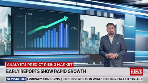 Talk Show TV Program: Professional Expert Standing in Newsroom Studio, Uses Big Screen with Stock Market Data to Analyze Record Growth and Success. Achor, Host Talks. Playback Mock-up Cable Channel