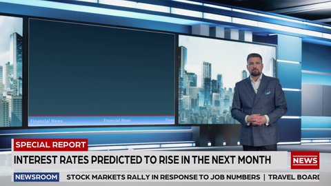 Talk Show TV Program: Professional Expert Standing in Newsroom Studio, Uses Big Screen with Stock Market Data to Analyze Crash and Bad Trading. News Achor, Host Talks. Playback Mock-up Cable Channel