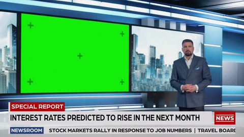 Newsroom TV Studio Live News Program: Caucasian Male Presenter Reporting Bad News, Green Screen Chroma Key Screen Picture. Television Cable Channel Anchor Talks. Network Broadcast Mock-up Playback