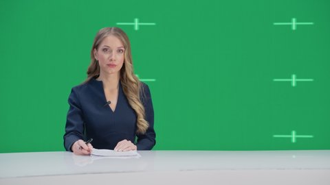 Newsroom TV Studio Live News Program with Green Screen Background: Professional White Female Presenter Reporting, Talking. Television Cable Channel Anchorwoman. Network Broadcast Mock-up Playback