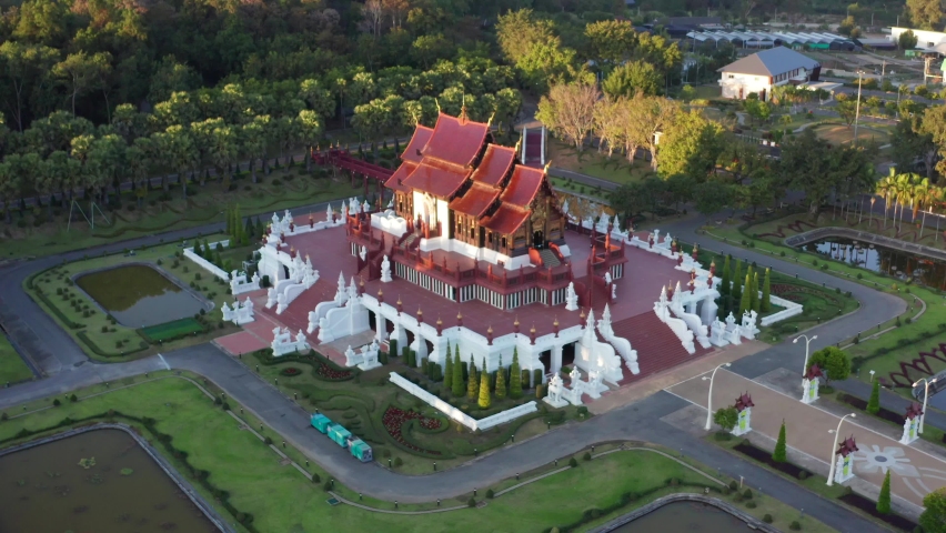 Aerial view of Royal Park Rajapruek, botanical garden and pavilion in Chiang Mai, Thailand