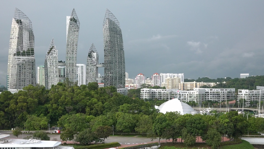 Singapore - December 2019. Skyscrapers and residential area at Singapore. View from the deck of a cruise ship