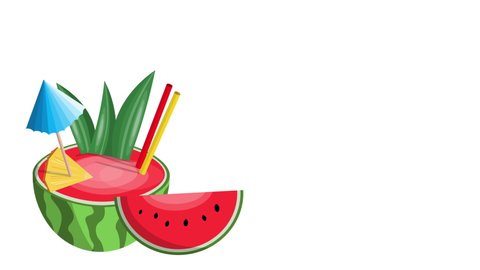 Animated Fresh and Natural Watermelon Juice with Two Straws Decorated with Green Leaves Umbrella and Pineapple Slice Fresh Juice in Vacation or Spa Time. Summer Time and Holiday Chilling Background.