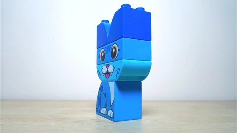 Blue Toy Cat. Stop motion animation. Rotating toy Cat