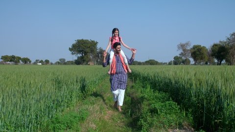 A father-daughter duo enjoys roaming together in their green farmland - Indian village, green farmland. A happy farmer in Kurta- Pajama carrying his little daughter on his shoulders - parent-child ...