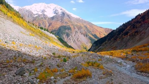 Epic aerial flight over pass or gorge in Georgia Svaneti. Sunset colorful autumn trees golden hour colors of autumn. drone flies over river between mountains in autumn, in distance Chalaadi Glacier