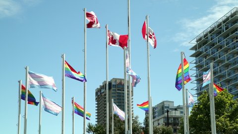 Gay Pride and Trans Pride Flags Vancouver 4K UHD. Rainbow colored Gay Pride, Trans Pride, and Canadian Flags flutter in the wind beside English Bay in Vancouver’s West End Neighborhood. British Columb