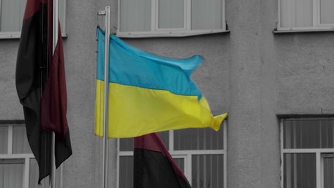 Waving flags of Ukraine with the flags of the rebel army. 4K, slow motion