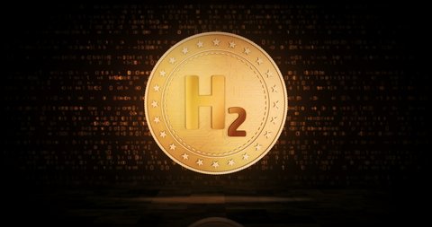 Hydrogen, H2, renewable green energy and zero emission fuel gold coin on loopable digital background. 3D seamless loop concept. Rotating golden metal looping abstract animation.