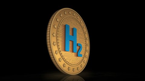 Hydrogen, H2, renewable green energy and zero emission fuel 3d gold coin on background. Rotate golden metal abstract concept animation.