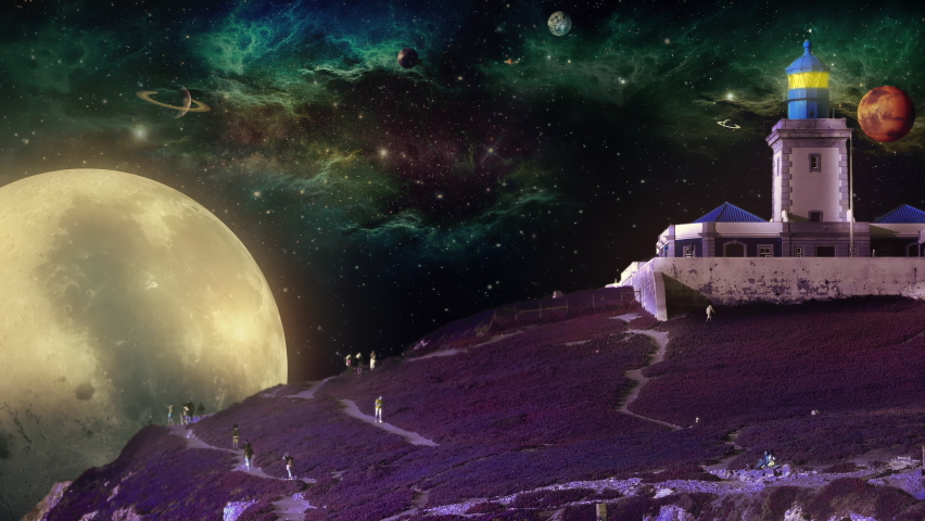 Surreal Landscape People Walking By Lighthouse Under Planets In Space. Surreal landscape of many people walking by a lighthouse under planets in space