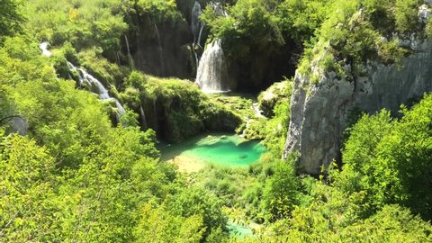 close up aerial view Sastavci waterfall of Plitvice National Park in Croatia. UNESCO World Heritage of Croatia named Plitvicka Jezera.