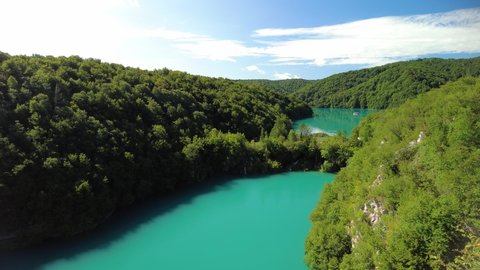 Kozjak and Milanovac lakes overlook on Plitvice Lakes National Park of Croatia. Natural forest park with lakes and waterfalls in Lika region. UNESCO World Heritage of Croatia named Plitvicka Jezera