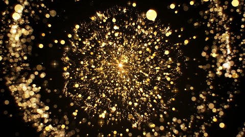 Beautiful Glittering gold particles flying in slow motion, Golden glitter particles isolated on black background, Gold dust bokeh abstract background in 4k