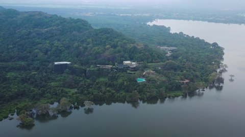 Aerial view of Sigiriya, a big lagoon with jungle in Sri Lanka