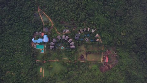 Aerial view of a building in the forest at sunset, Sigiriya, Sri Lanka.