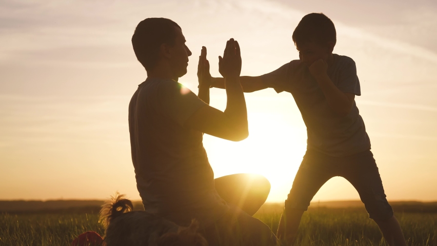 father and son boxing box silhouette at sunset. happy family in the park play sport concept. father and son training fight silhouette in the park. happy fun family together teamwork training Royalty-Free Stock Footage #1088998261