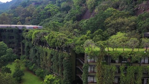 Sri Lanka - 30 March 2022: Aerial view of Hotel Hesitance Kandalama, an abandoned building in Sigiriya, Sri Lanka