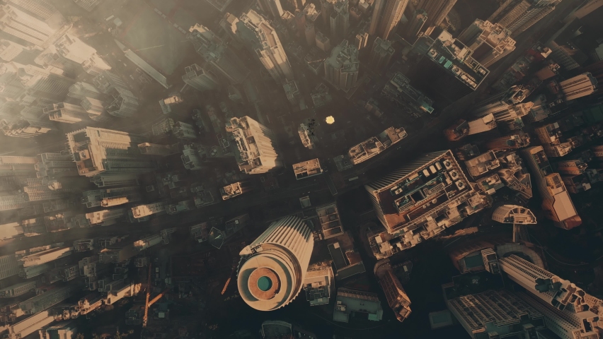 Aerial view of 3 explosions in cener of huge city. Apocalyptic cityscape and war concept.