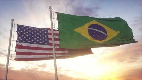 Brazil and United States flag on flagpole. Brazil and United States waving flag in wind. Brazil and United States diplomatic concept