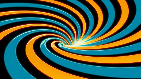 Abstract background with animated hypnotic hurricane of blue and orange stripes. Design. Rotating bending contrasting lines.