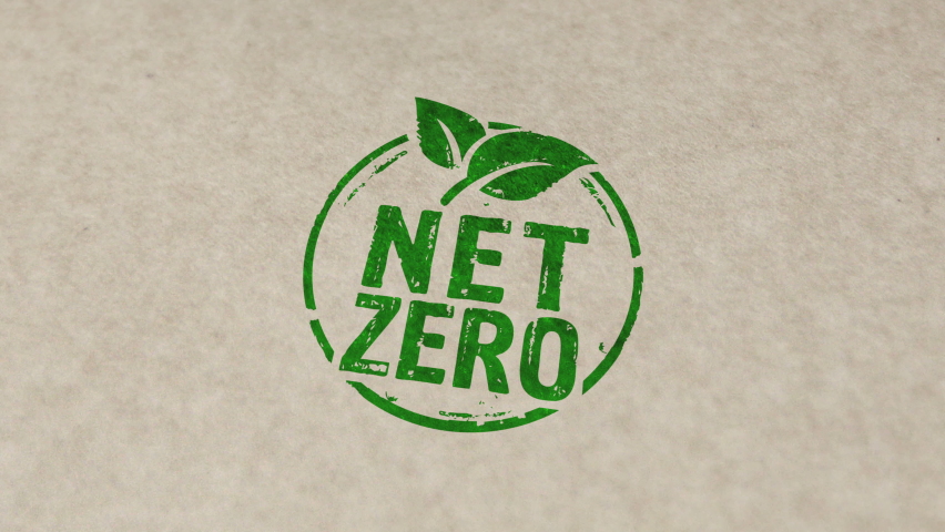 Net zero and eco friendly symbol stamp and hand stamping impact animation. Co2 neutral, ecology, environment, carbon emissions reduction and green energy 3D rendered concept. Royalty-Free Stock Footage #1089004587