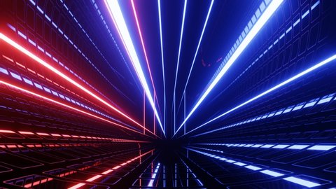 Hi-tech neon sci-fi tunel. Trendy neon glow lines form pattern and construction in mirror tunnel. Fly through technology cyberspace. 3d looped seamless 4k bright youth background. Glow lines