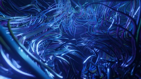 Volumetric lights. Live curls underwater like fur, multi-colored threads or hair. Mist and DOF bokeh effects. Mysterious background with live curved lines, close-up. 4k seamless looped bg.