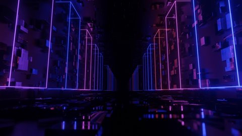 Hi-tech neon sci-fi tunel. Trendy neon glow lines form pattern and construction in mirror tunnel. Fly through technology cyberspace. 3d looped seamless 4k background.flickering 3d object night club 库存视频