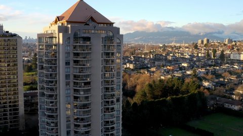 Drone Ascend Over High-rise Contemporary Buildings In Brentwood Neighbourhood In Burnaby, Canada. - aerial