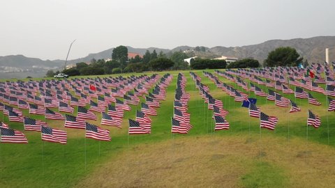 Waves of Flags Display Honoring The Lives Lost In The Terrorist Attacks Of September 11, 2001 In Alumni Park At Pepperdine University. - aerial