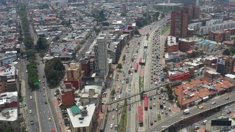 View from a drone of traffic on avenue 30 in the capital of Colombia with crossing elevated bridges. February 23, 2022. Bogotá. Colombia