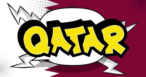 Qatar. Motion poster. 4k animated Comic book word, text moving on abstract comics background. Retro pop art style.