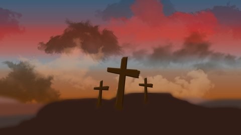 Three crosses with moving sky in the background. Easter Christian resurrection of Jesus Christ, the son of God.