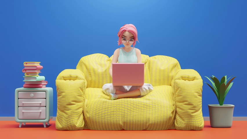 Happy young woman sitting on yellow sofa. Excited studying learning and researching information from computer. pink laptop is placed on lap. Cartoon character animation seamless loop. 3D Render Royalty-Free Stock Footage #1089011697