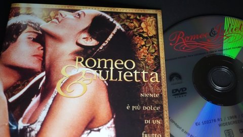 Rome, Italy - March 24, 2022, detail of the cover and DVD of Romeo and Juliet, a 1968 film directed by Franco Zeffirelli, transposition of the play of the same name by William Shakespeare.