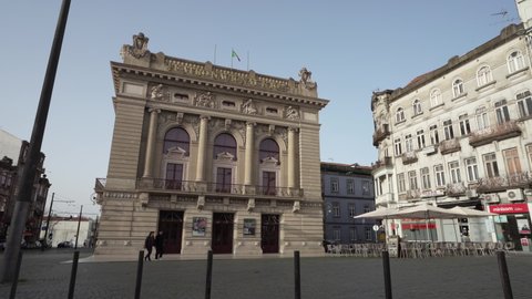 Porto, Portugal. March 2022. The facade of the Teatro Nacional S.Joao in the city center	