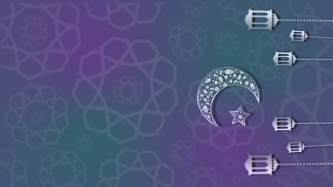 Golden Moon with Star Decorated with Purple Diamonds and Ornaments. Ramadan Kareem and Happy Eid Islamic Vertical Banner Template for Social Media Story Backdrop Islamic Geometric Ornaments Animation 
