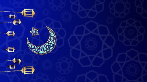 Golden Moon with Star Decorated with Blue Diamonds and Ornaments. Ramadan Kareem and Happy Eid Islamic Vertical Banner Template for Social Media Story Backdrop Islamic Geometric Ornaments Animation 