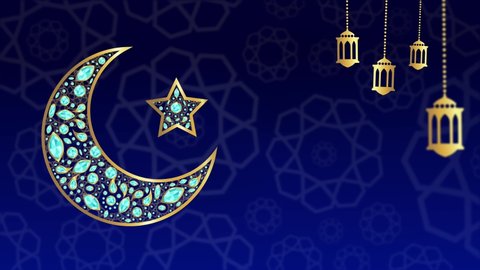 Golden Moon with Star Decorated with Blue Diamonds and Ornaments. Ramadan Kareem and Happy Eid Islamic Banner Template Blue Gradient with Oriental or Islamic Geometric Ornaments Animation Background. 