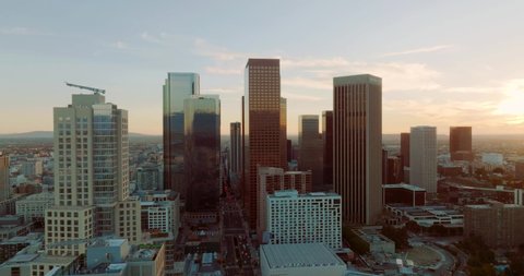 Los Angeles downtown skyline. Los angels city on sunset.