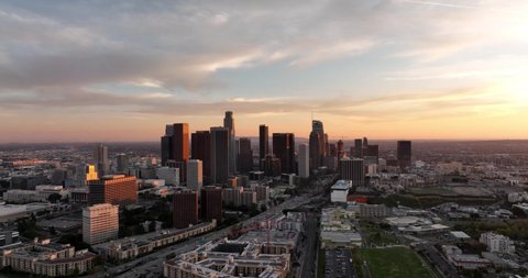 Los Angeles downtown skyline. Los angels city filmed by drone.