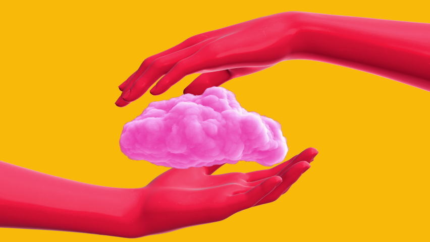 Two red human hands holding pink cloud isolated on yellow background. Concept of people social connection and psychology relations. Surreal 3d digital animation. | Shutterstock HD Video #1089021113