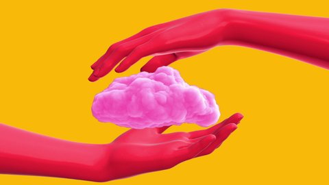 Two red human hands holding pink cloud isolated on yellow background. Concept of people social connection and psychology relations. Surreal 3d digital animation.