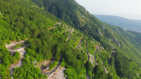 Aerial top view on the old road serpentine in the national park Lovcen, Montenegro