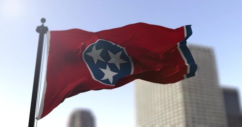 Tennessee state waving flag on blurry background, USA state news illustration. Blurry background